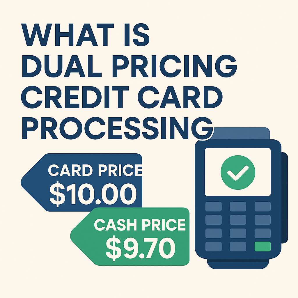 “Flat graphic showing a POS terminal and two price tags labeled ‘Card Price $10.00’ and ‘Cash Price $9.70’ beside the bold title text ‘What Is Dual Pricing Credit Card Processing,’ illustrating the concept of dual pricing in modern retail.